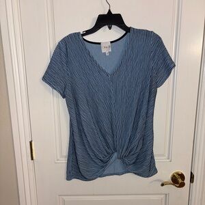 Gray LA V Neck Blue Striped Twist-Front Women's Top